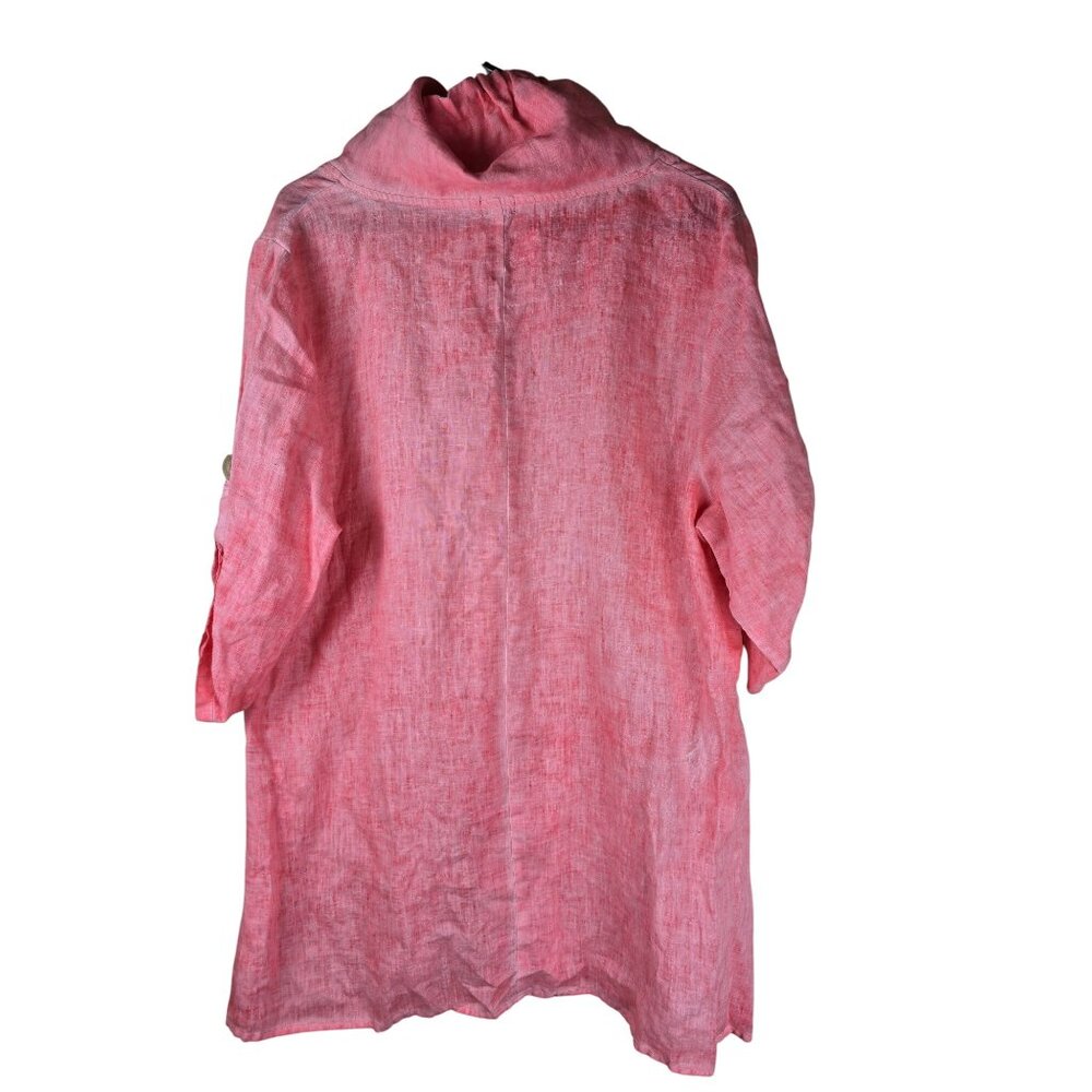 Fantazia Pink Oversized Lagenlook Ruffled Button-Front Linen Jacket With Pockets - Picture 2 of 6